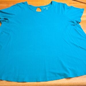 Roaman's Women 1XL Solid Teal Keyhole Back Crew Neck Short Sleeve Cotton Top